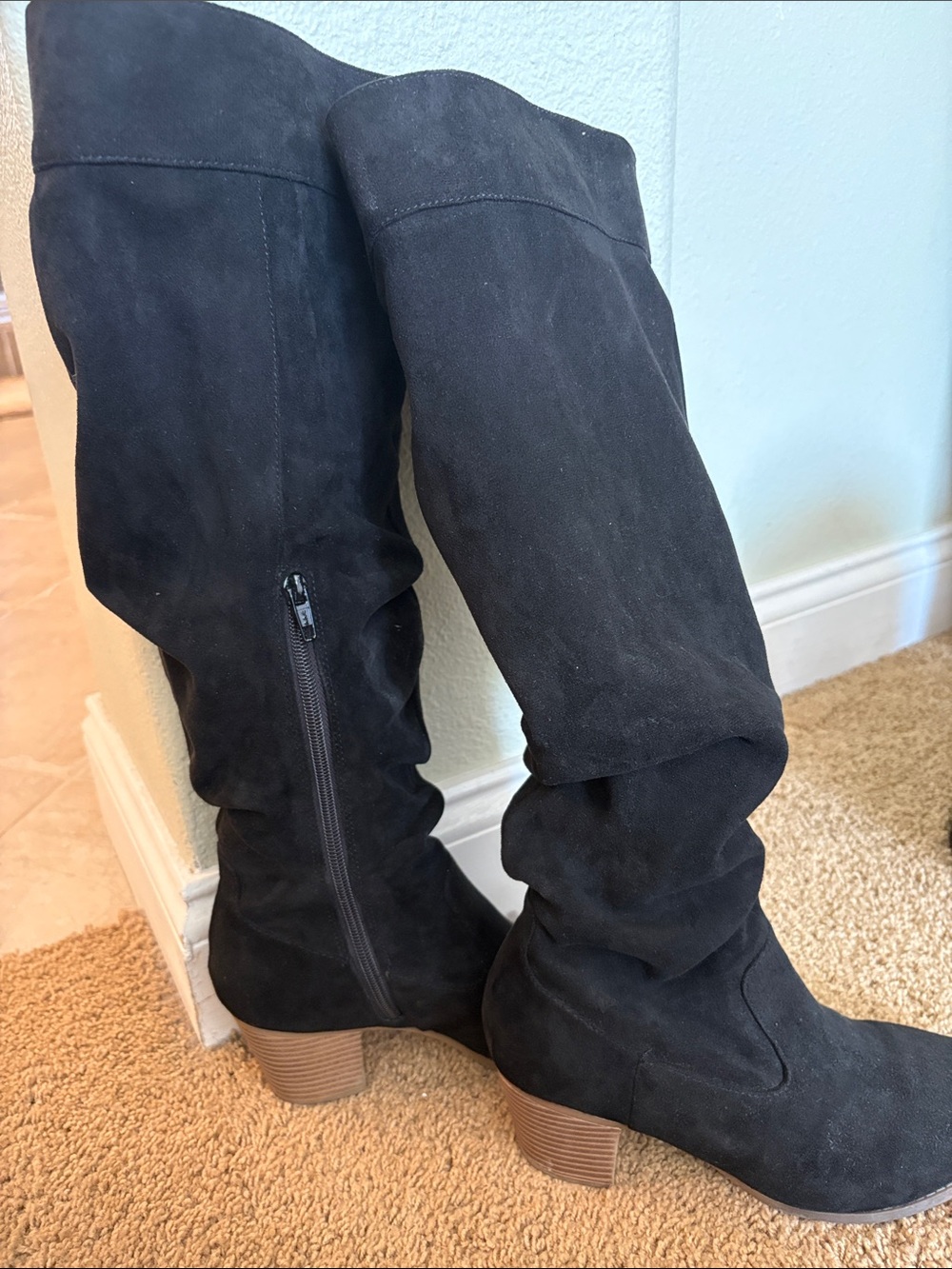 Time and Tru Black Suede Knee-High Slouchy Heeled Boots